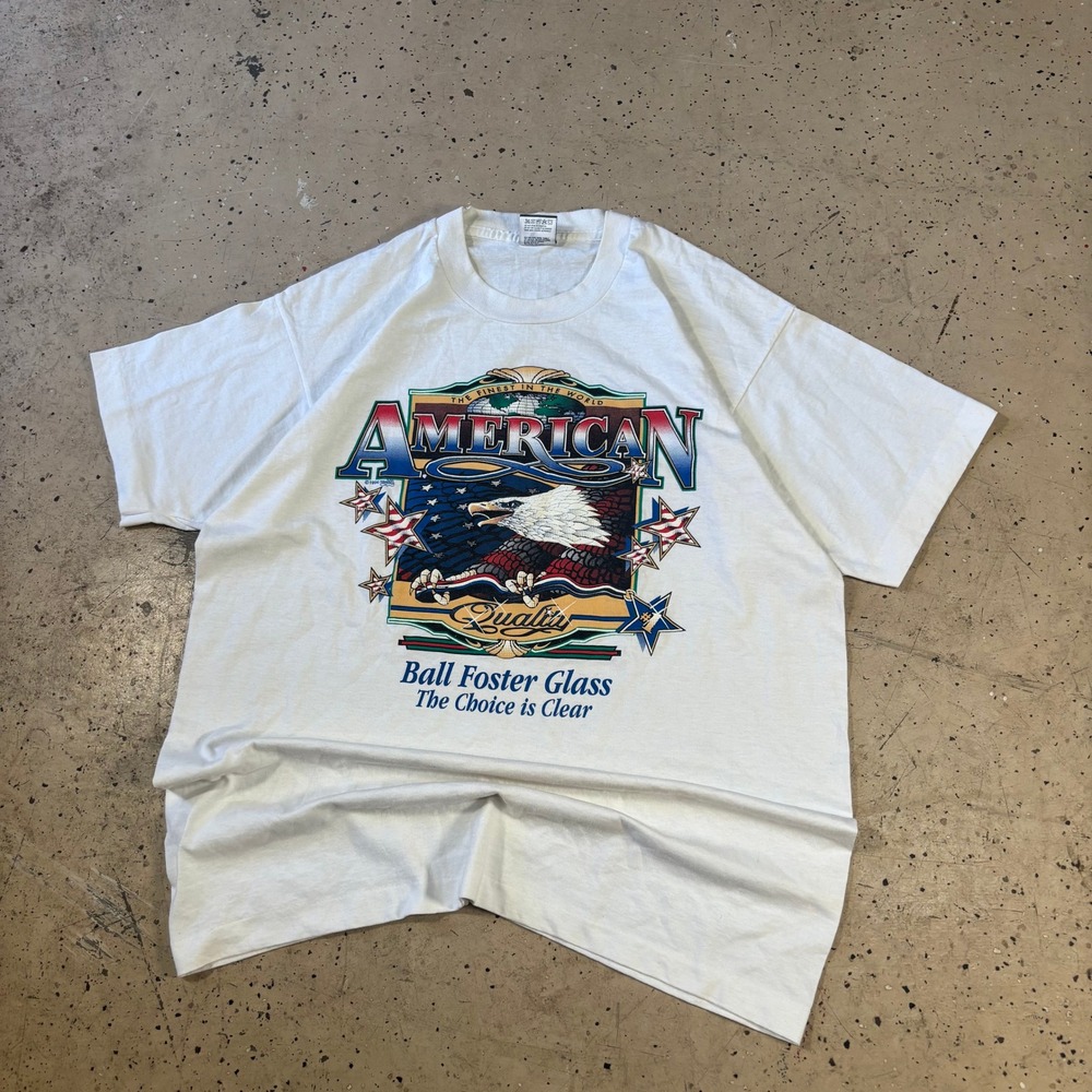 Vintage 1994 White Fruit of the Loom Ball Foster Glass Eagle‎ T-Shirt Mens Large